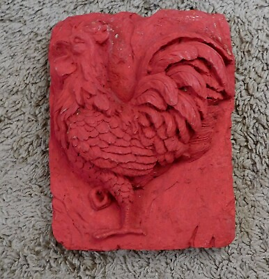 #ad Vintage 3D Concrete Plaque RED ROOSTER Wall Décor Hand Crafted Signed $14.99
