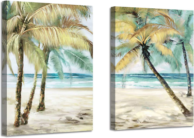 #ad Beach Palm Trees Wall Art: Abstract Coastal Seascape Hand Painted Artwork Painti $49.99