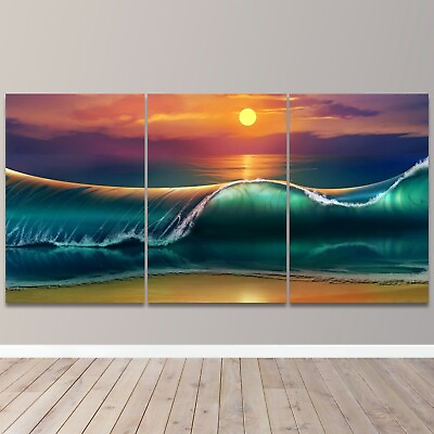#ad Sunset Beach Waves 3 Piece Canvas Wall Art Abstract Print Home Decor $94.04