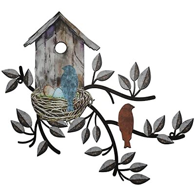 #ad Birds Wall Decor Metal Tree with Birdhouse Wall Art Hanging Outdoor Wall Brown $14.46
