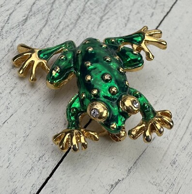 #ad Vintage Tree Frog Brooch Green Enamel Spotted Figurine Rhinestone Gold Tone Pin $12.50