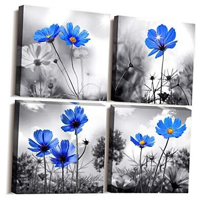 #ad #ad Canvas wall art for kitchen Simple Life Black 12*12inches*4pcs cyan Blue flower $49.09
