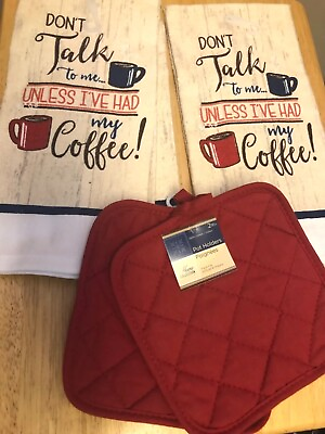 #ad Kitchen Coffee Talk 4 Pack Set 2 Towels 2 Pot Holders Free Shipping $15.89