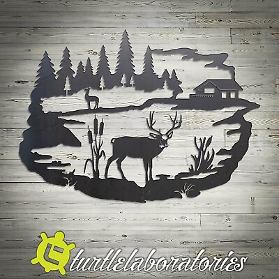 #ad Decorative Deer and Cabin Scene Metal Wall Art Hanging Home Decor $133.00