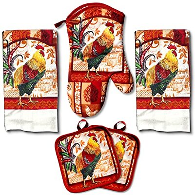 #ad Farm Rooster Kitchen Decor Linen Set Includes 2 Dish Towel 2 Pot Holders 1 Oven $24.92
