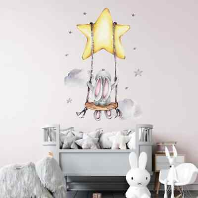 #ad Bunny Baby Nursery Wall Stickers Cartoon Rabbit Swing on the Stars Wall Decals AU $35.19
