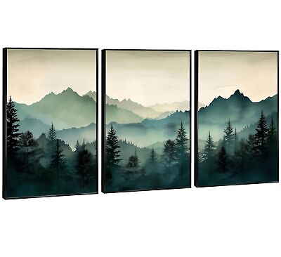 #ad 3Pcs Green Pine Forest Foggy Mountain Wall Art Posters Watercolor Pine Tree P... $33.35