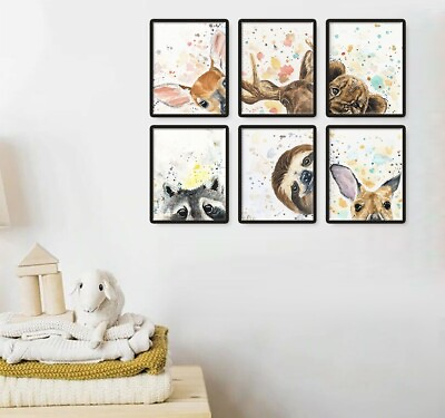 #ad Nursery Baby Decor Animals Peeking Watercolor Style Wall Art Set of 6 Prints $17.00