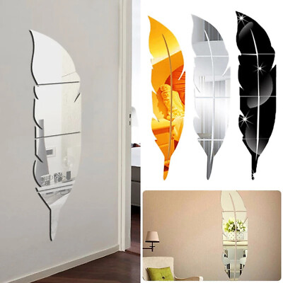 #ad 3D Feather Acrylic Mirror Wall Decor Stickers DIY Self Adhesive Wall Art Decal $16.99