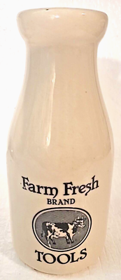 #ad Vtg Milk Bottle Jar Farm Fresh Brand Tools Ceramic Country Kitchen Decor Glazed $15.75