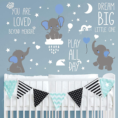 #ad Dream Big Little One Elephant Wall Stickers Baby Room Wall Decals Moon Hot Air B $16.65