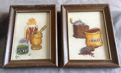 #ad Vintage Hand Embroidered Country Folk Art Framed Kitchen Decor Coffee Spices $34.50