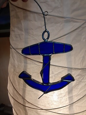 #ad Stained Glass Vintage Suncatcher Cobalt Blue Ship#x27;s Anchor Navy Art Ocean Decor $19.00
