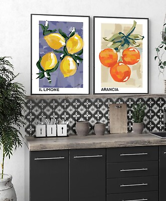 #ad Kitchen Wall Art Prints posters set of 2 Lemon Orange Fruit Abstract Colour GBP 21.99