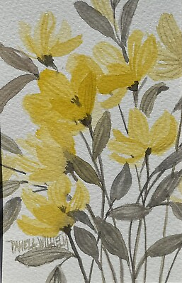 #ad #ad Pamela Wilhelm Watercolor 4X6 Original Art In 5”x7” Mat Yellow Grey Floral $20.00