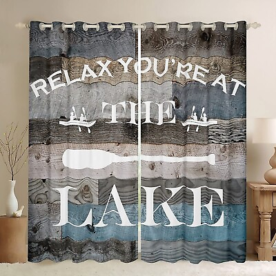 #ad Lake House Window Curtain Rustic Farmhouse Curtains Blue Grey Retro Wooden Wi... $75.88