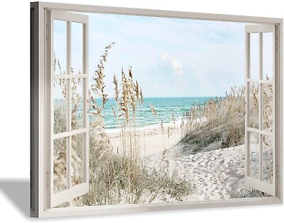 #ad Coastal Beach Picture Wall Art: Beach Theme Window Canvas Art Prints Seascape $29.95