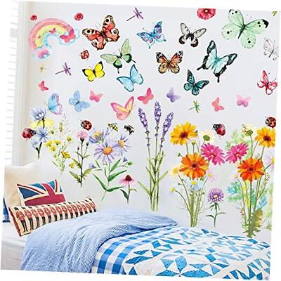 #ad Flower Wall Decals Butterfly Wall Sticker Peel and Stick Wall Art Colorful $17.05