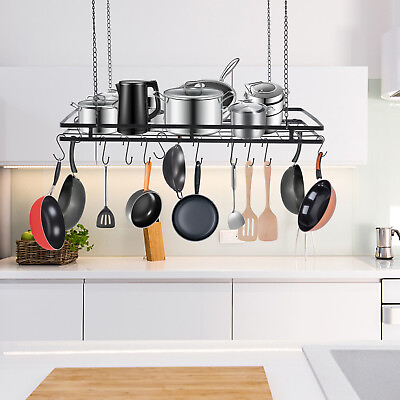 #ad Modern Hanging Pot Holder Pan Hanger Kitchen Ceiling Rack with 12 Hooks Black $38.90