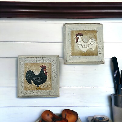#ad Rooster Wall Plaque Set of 2 Crackle Paint Country Decor $15.99