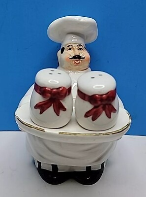 #ad 7quot; Italian Fat Chef Sitting Salt amp; Pepper Shaker Set Ceramic Figurine $48.00