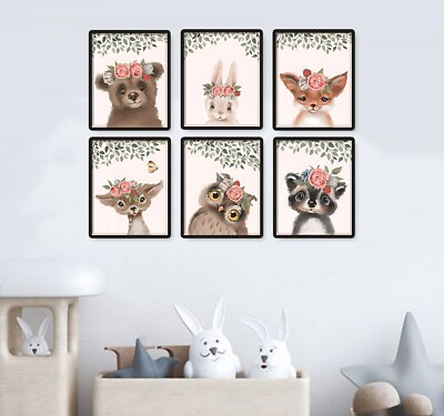 #ad Wall Art Nursery Decor Woodland Animals Flowers Baby Watercolor Style 6 Prints $17.10