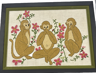 #ad #ad Long Stitch Needlepoint Picture Monkeys Wall Art Framed Large MCM $76.00