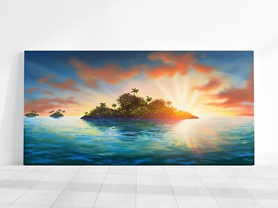 #ad Sunset Oil Painting Tropical Island Art Ocean Beach Large Wall Art Canvas $39.00