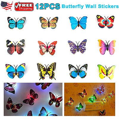 #ad 12PCS 3D LED Butterfly Decoration Night Light Colorful Wall Stickers for Garden $7.99