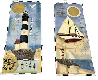 #ad 3D WALL ART PLAQUES Lighthouse Sailboat Ocean Resin Rope Nautical Set Of 2 $18.00
