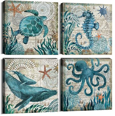 #ad Bathroom Wall Art Beach Decor Ocean Sea Turtle Octopus Canvas Pictures Coasta... $32.45