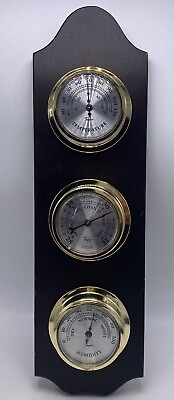 #ad Taylor Weather Station Thermometer Barometer Hygrometer Wall Brown Wood Flaw $27.99