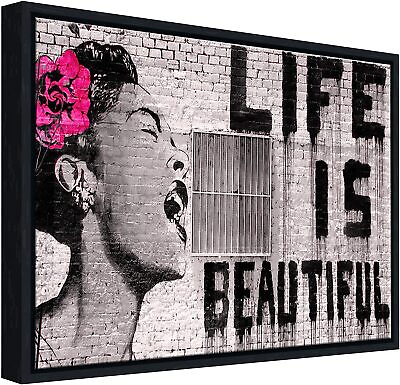 #ad Framed Wall Art Canvas Prints of Banksy Life is Beautiful Abstract Artwork $59.99