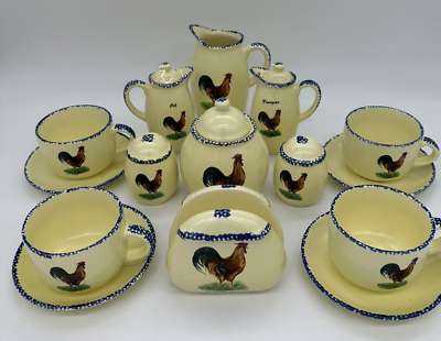 #ad New Ceramic Rooster amp; Blue and Yellow Sponge Farmhouse Set includes 15 pieces $50.00