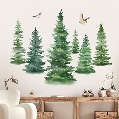 #ad 6 Watercolor Pine Tree Wall Decals Christmas Woodland Wall Stickers Nursery $31.63