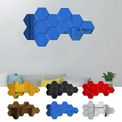 #ad 12pcs Hexagon Mirror Tiles Wall Stickers Self Adhesive Stick On Art Decal $10.69