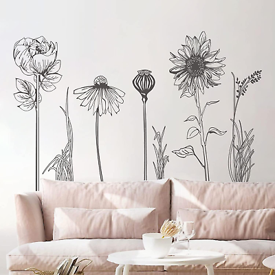 #ad Black Simple Flower Plants Wall Stickers Large Boho Floral Modern Wall Decal Ske $18.99