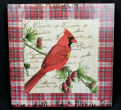 #ad Christmas Cardinal 12quot; Wall Art Pine Bough Tartan Plaid Square Winter Holiday $24.99