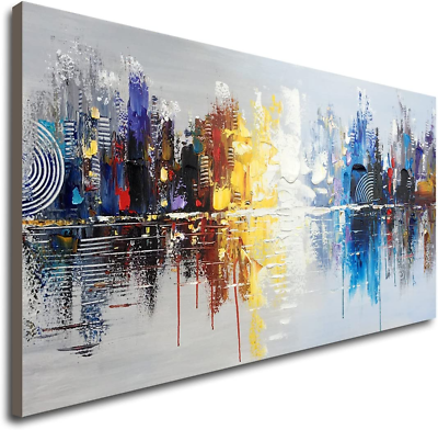#ad Hand Painted Cityscape Modern Oil Painting on Canvas Reflection Abstract Wall $114.98