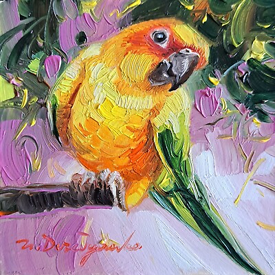 #ad #ad Bird Parrot yellow bird oil painting original miniature artwork 4x4 small art $98.00