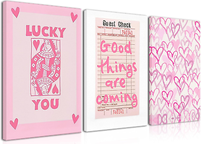 #ad #ad Trendy Preppy Canvas Wall Art Framed Set of 3 Pink Lucky You Poster Prints Queen $48.55