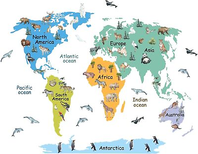 #ad World Map Wall Stickers Large Wild Animal World Wall Decals Peel and Stick Remov $17.58