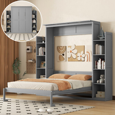 #ad Queen Size Murphy Wall Bed with Storage Bookshelves LED Lights Wood Cabinet Bed $1272.99