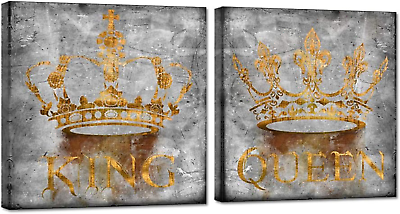 #ad 2 Pieces Queen and King Crown Wall Art Abstract Grey and Gold Romantic Picture A $47.33