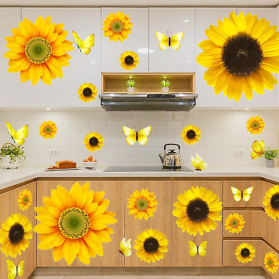 #ad 54 Pcs 3D Sunflowers and Butterfly Wall Stickers Decor Large Sunflower Wall Deca $18.77