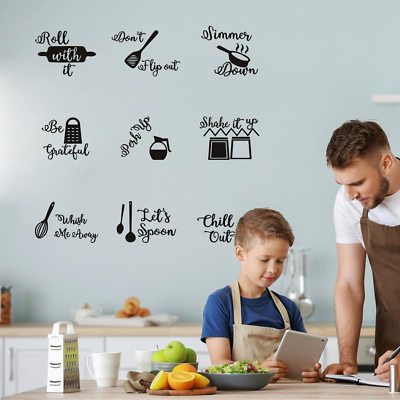 #ad 9PCS Kitchen Quotes Wall Decal Roll It Let’S Spoon Sticker Black Cooking Utens $13.28