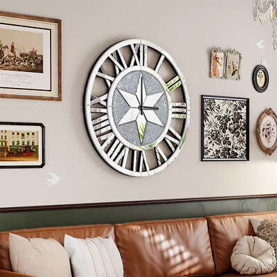 #ad 23.6#x27;#x27; Round Mirrored Wall Clock Crushed Diamond Silver Large Real Mirror Clocks $99.92