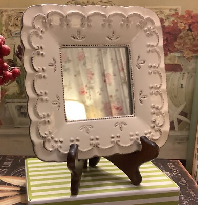 #ad Small 6.5” Square Ribbon Hanging Mirror Off White Decorative Pattern Cottage $19.99