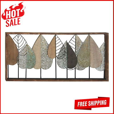 #ad Modern Metal Rectangle Wall Art Varying Texture Leaf Decor Fir Wood Home Brown $134.64