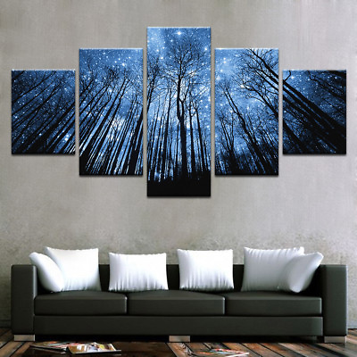 #ad Forest Bule Night Starry Sky 5 Panel Canvas Print Wall Art $124.98